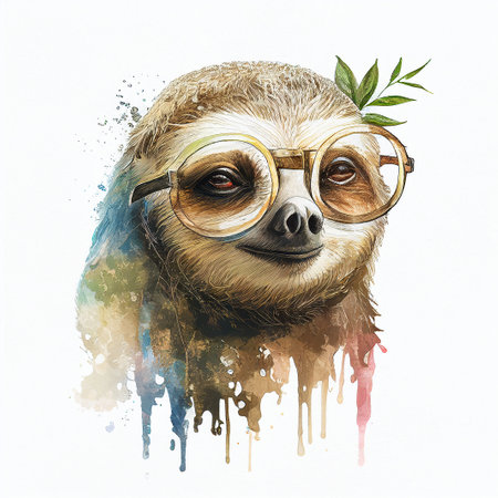 cute animal sloth in watercolor glasses on white background .Generative AIの素材