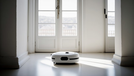 white automatic robot vacuum cleaner for cleaning and cleanliness of the house on the background of the interior of the room .Generative AIの素材