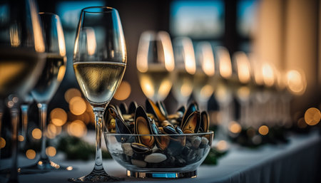 banquet buffet in a restaurant with mussels and champagne glasses .Generative AIの素材