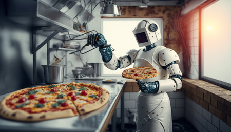 The Future of Civilization and Humanity. Robot chef makes and bakes pizza in the kitchen .Generative AIの素材