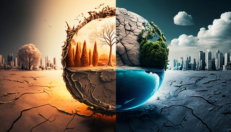 problem of humanity,global warming .Illustration displays the result of air pollution in the form of a globe with drought .Generative AIの素材