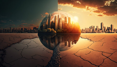 problem of humanity,global warming .Illustration displays the result of air pollution in the form of a globe with drought .Generative AIの素材