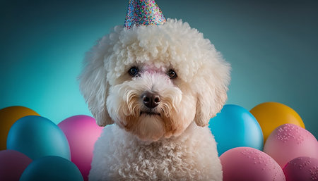 poodle dog for a birthday party and with inflatable balloons .Generative AIの素材