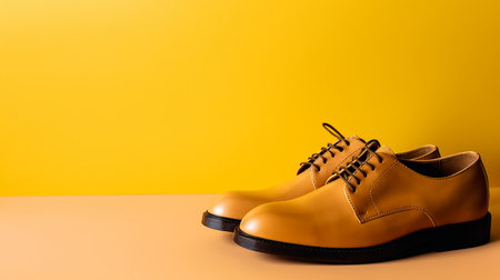 Fashionable stylish elegant brown men's shoes on a yellow background .Generative AIの素材