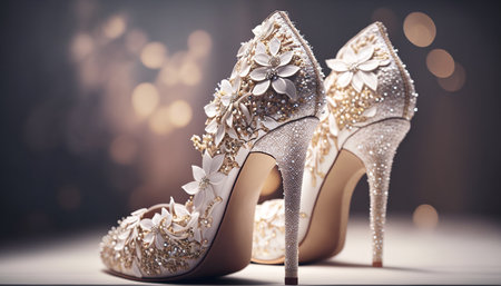 beautiful elegant stylish women's shoes white with flowers for a wedding for the bride .Generative AIの素材