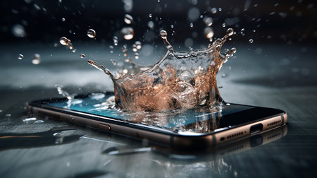 mobile device smartphone with water splash.Generative AI.の素材