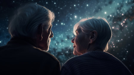 an elderly couple looks with love at the stars and the night sky .Generative AIの素材
