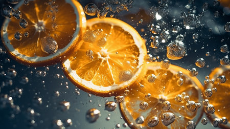 ripe orange slices fall into the water with a splash .Generative AIの素材