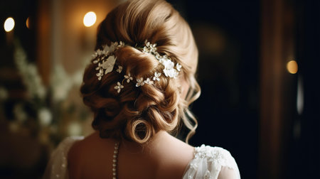 beautiful bride hairstyle for wedding with decorations. back view back girl hair .Generative AIの素材
