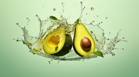 delicious ripe half avocado with water splash .Generative AIの素材