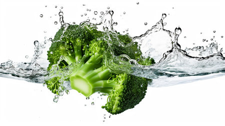 vegetables green broccoli sprouts with water splash on white background .Generative AIの素材