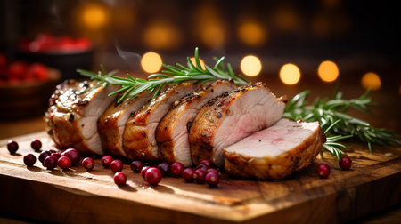 sliced ââmeat pork baked with cranberries for the holiday on a wooden board. Generative AIの素材