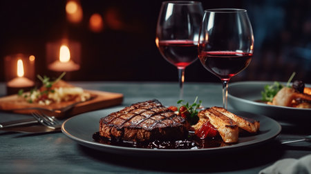 delicious beef meat steak in a restaurant with a glass of wine for dinner..Generative AIの素材