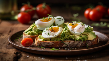 delicious breakfast toast fried with poached egg and avocado .Generaive AIの素材