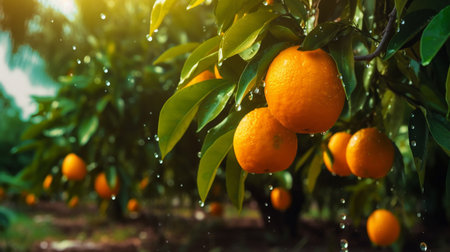fields in the garden with fruits oranges on the trees harvest .Generative AIの素材