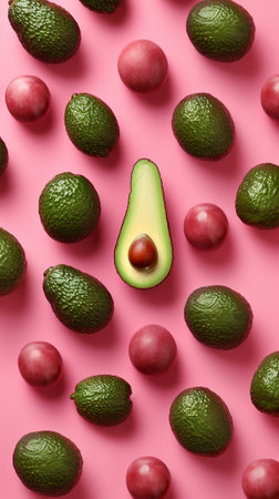 delicious avocado fruit pattern on pink background. Generative AIの素材