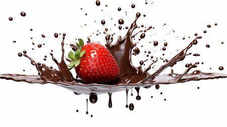 strawberry berry falls into chocolate .splash of chocolate with splashes on white background. AI generatedの素材