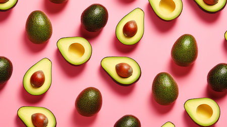 delicious avocado fruit pattern on pink background.Generative AIの素材