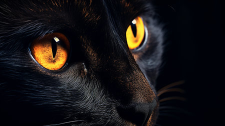 glowing eyes close-up of a black catの素材