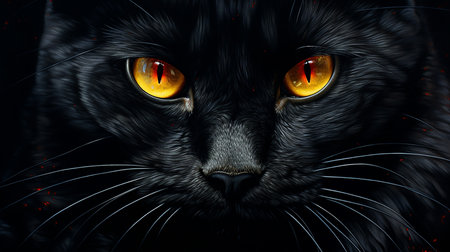 glowing eyes close-up of a black catの素材