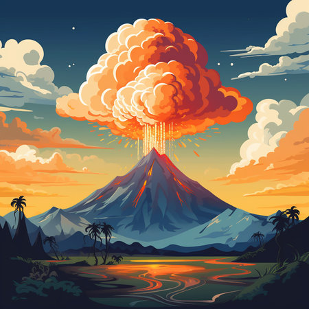 volcano with boiling lava in natureの素材