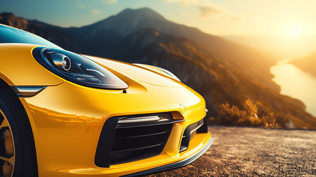 close-up of the headlight and hood of a yellow car against a background of mountainsの素材
