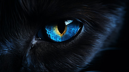 glowing blue eyes close-up of a black catの素材