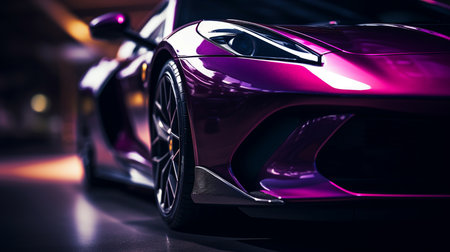 close-up of the headlight and hood of a purple carの素材
