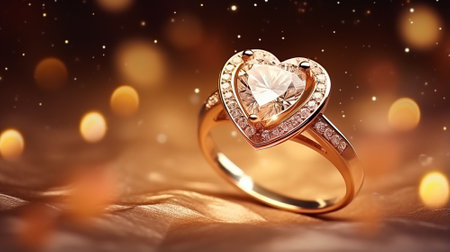 gold ring with gemstone on shiny bokeh background for valentine's day giftの素材