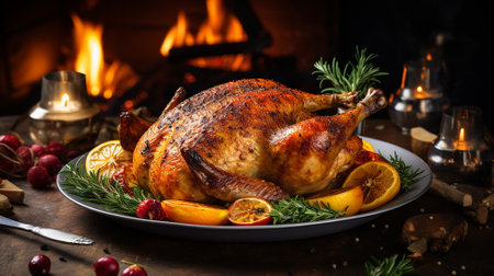 grilled baked duck on a festive table with Christmas decorationsの素材