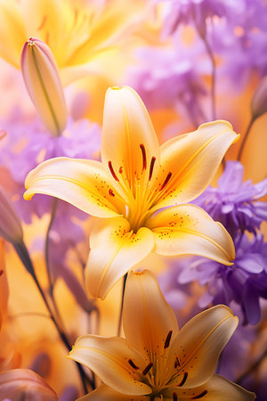 background of yellow-violet lilies bloomingの素材