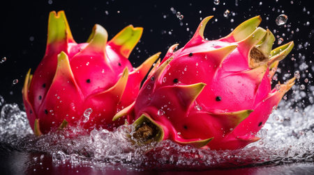 bright delicious pitahaya dragon fruit with water splashの素材