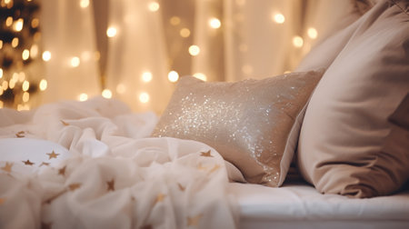 festive interior: a cozy sofa with pillows and textiles against the backdrop of a bokeh garlandの素材