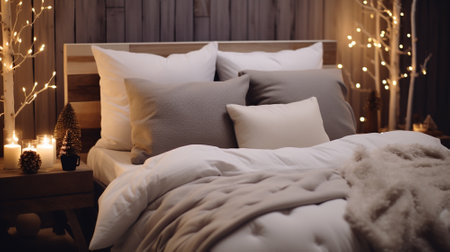 festive interior a cozy sofa with pillows and textiles against the backdrop of a bokeh garlandの素材