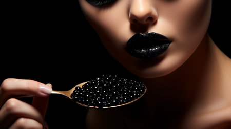 glamorous girl with black make-up eats black caviar from a spoonの素材