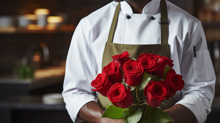 elegant guy wearing an apron with a bouquet of roses in his hands for a giftの素材