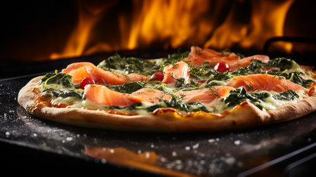 delicious pizza with spinach and salmonの素材