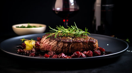 delicious beef meat steak in a restaurant with a glass of wine for dinner.の素材