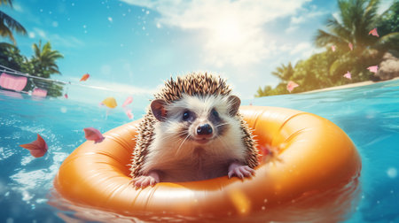 hedgehog on the beach in the pool in an inflatable ring resting on vacationの素材