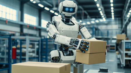artificial intelligence robot of the future works in a warehouse in productionの素材
