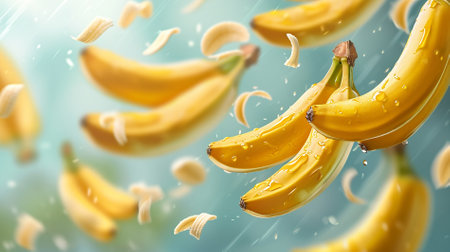 ripe bananas fruits with splash of waterの素材