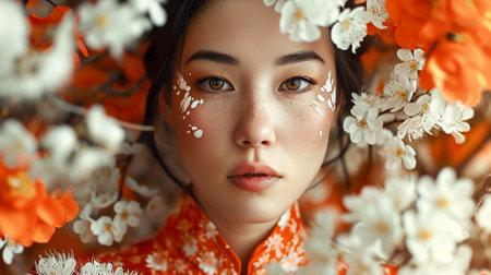 beautiful asian japan girl in kimono with flowersの素材