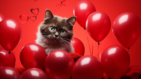 cute cat on valentine's day holiday with red balloonsの素材