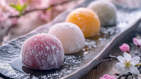 delicious japanese mochi rice flour dessert with fruitsの素材