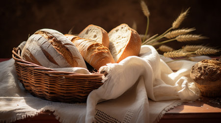 delicious pastries fresh bread in a basketの素材