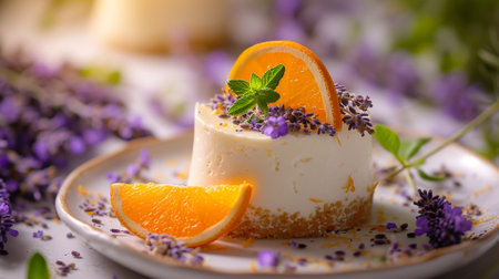 delicious dessert cheesecake with lavender and orangeの素材