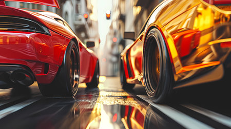 racing two modern cars on the road going at speedの素材