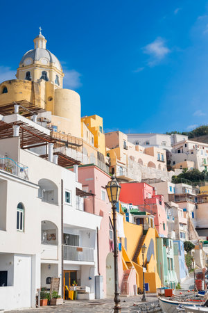 view of the narrow streets of old colorful houses in the center of the Italy Naples, Procida islandの写真素材