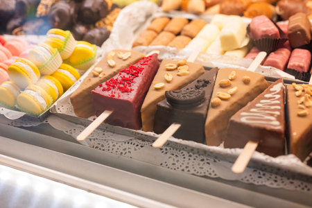 display case in a cafe with different types of gelato ice cream in Italy