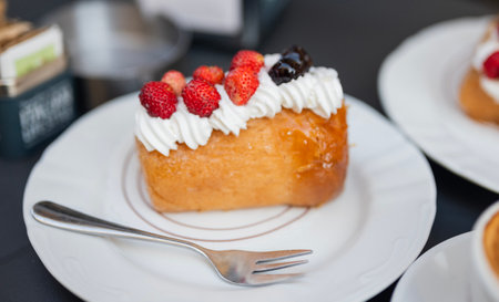 delicious national pastries sweet rum baba naples italy with berries in a restaurantの写真素材